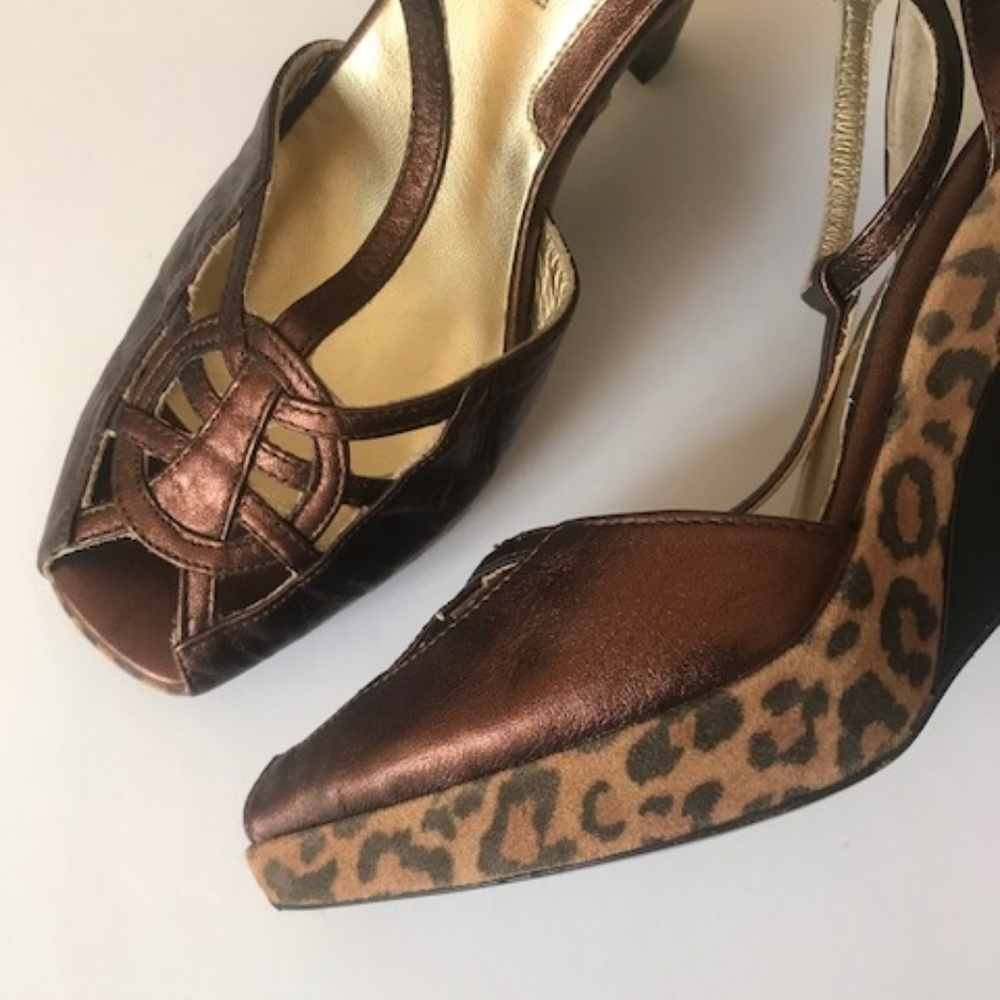 VIA SPIGA PEEP TOE WEDGE HEELS - BRONZE & LEOPARD